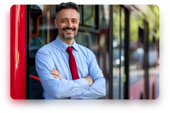 Busfahrer vor Bus, lächelt